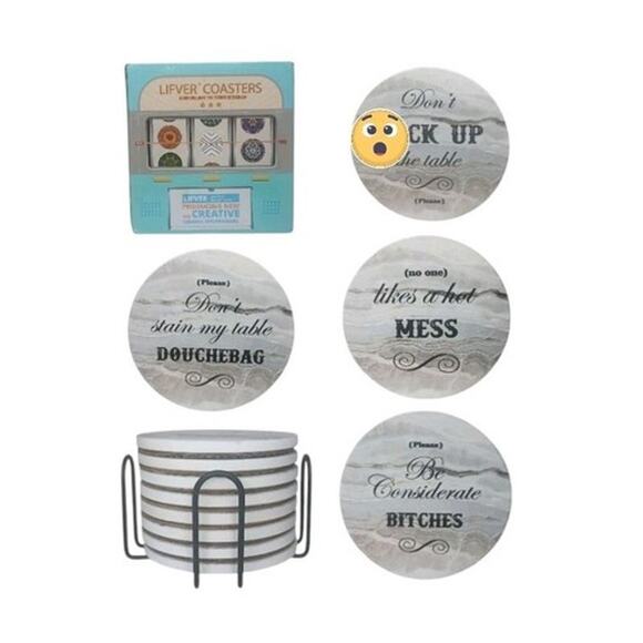 NEW 8 pc Lifver Coasters + Holder Ceramic Cork Rude Funny Humorous Unique New - Picture 2 of 5